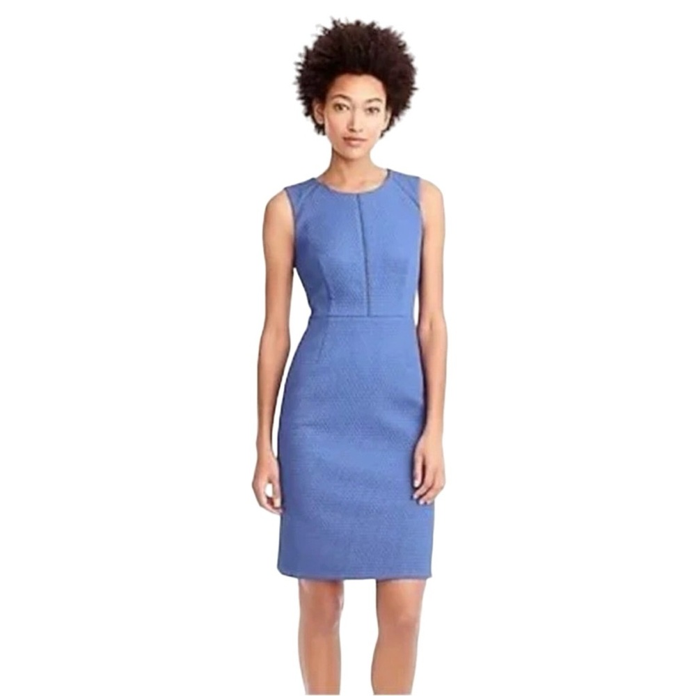 J Crew portfolio sheath dress, structured matelasse fabric, misty twlight blue